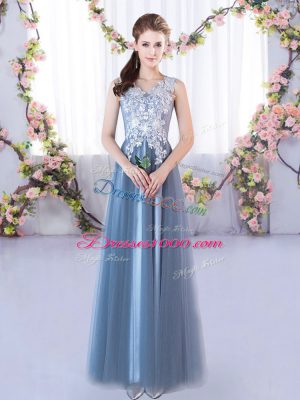 Decent Blue Tulle Lace Up V-neck Sleeveless Floor Length Bridesmaids Dress Lace