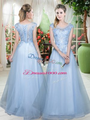 Classical Cap Sleeves Lace Up Floor Length Lace Prom Dress