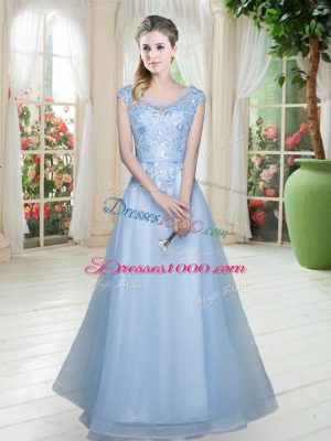 Classical Cap Sleeves Lace Up Floor Length Lace Prom Dress