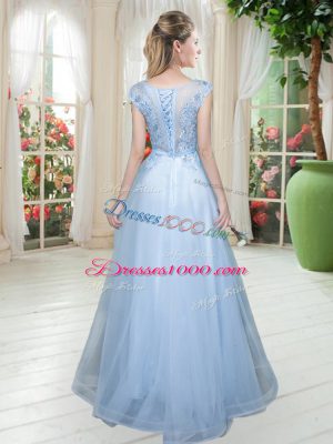 Classical Cap Sleeves Lace Up Floor Length Lace Prom Dress