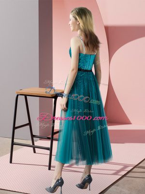 Decent Spaghetti Straps Sleeveless Zipper Prom Dresses Teal Tulle