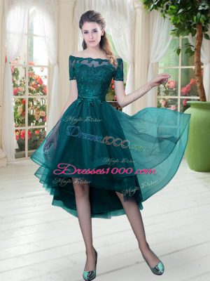 Off The Shoulder Short Sleeves Tulle Prom Evening Gown Lace Lace Up