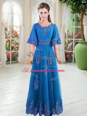 Blue Prom and Party with Lace Scoop Half Sleeves Lace Up