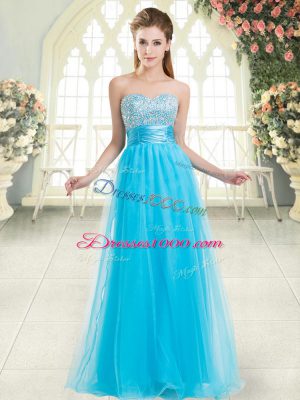 Best Aqua Blue Tulle Lace Up Prom Evening Gown Sleeveless Floor Length Beading