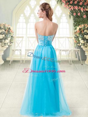 Best Aqua Blue Tulle Lace Up Prom Evening Gown Sleeveless Floor Length Beading