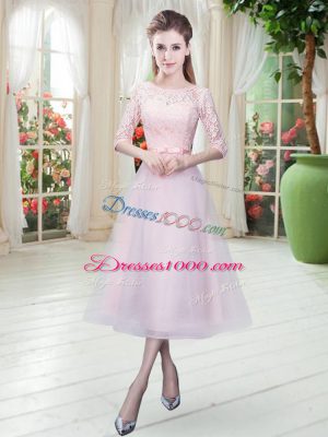 Edgy Baby Pink Party Dress Prom with Belt Scoop Half Sleeves Lace Up