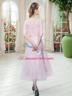 Edgy Baby Pink Party Dress Prom with Belt Scoop Half Sleeves Lace Up