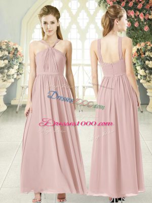 Perfect Chiffon Halter Top Sleeveless Zipper Ruching Prom Gown in Pink