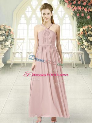 Perfect Chiffon Halter Top Sleeveless Zipper Ruching Prom Gown in Pink