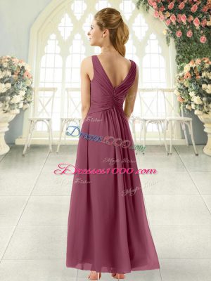 Enchanting Chiffon V-neck Sleeveless Zipper Ruching Prom Party Dress in Burgundy