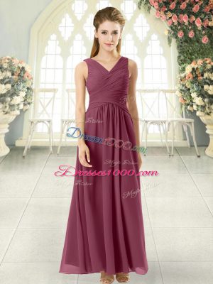 Enchanting Chiffon V-neck Sleeveless Zipper Ruching Prom Party Dress in Burgundy