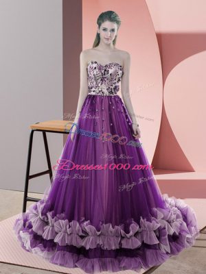 Discount Tulle Sleeveless Prom Gown Sweep Train and Appliques