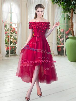 Amazing Appliques Prom Party Dress Red Lace Up Short Sleeves High Low