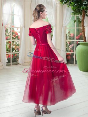 Amazing Appliques Prom Party Dress Red Lace Up Short Sleeves High Low