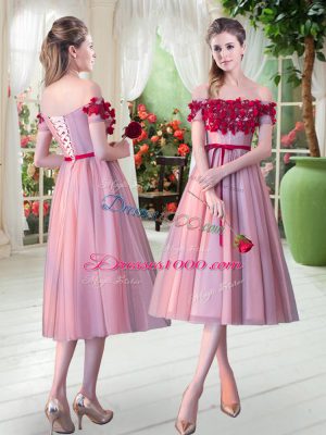 On Sale Sleeveless Tulle Tea Length Lace Up Evening Dress in Pink with Appliques