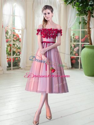 On Sale Sleeveless Tulle Tea Length Lace Up Evening Dress in Pink with Appliques