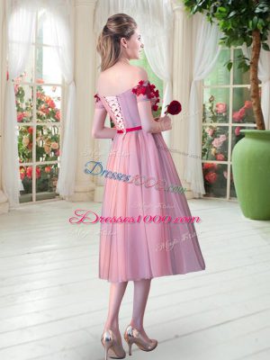 On Sale Sleeveless Tulle Tea Length Lace Up Evening Dress in Pink with Appliques