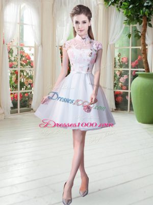 Colorful White Tulle Zipper High-neck Short Sleeves Knee Length Dress for Prom Appliques