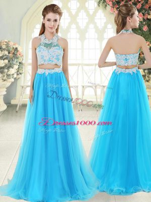 Aqua Blue Two Pieces Lace Prom Dress Zipper Tulle Sleeveless Floor Length