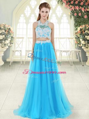 Aqua Blue Two Pieces Lace Prom Dress Zipper Tulle Sleeveless Floor Length