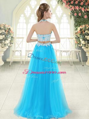 Aqua Blue Two Pieces Lace Prom Dress Zipper Tulle Sleeveless Floor Length