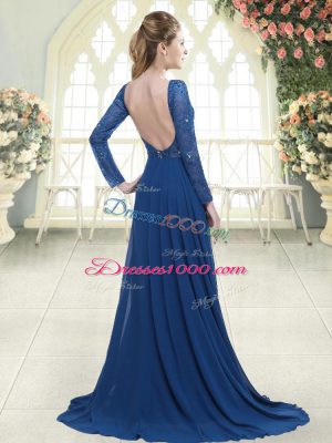 Royal Blue Chiffon Backless Prom Evening Gown Long Sleeves Sweep Train Beading and Lace