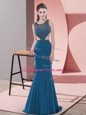 Scoop Sleeveless Sweep Train Backless Juniors Party Dress Blue Chiffon