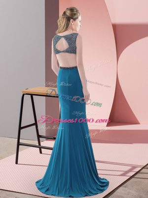 Scoop Sleeveless Sweep Train Backless Juniors Party Dress Blue Chiffon