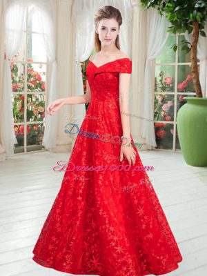 Off The Shoulder Sleeveless Lace Up Prom Gown Red Lace