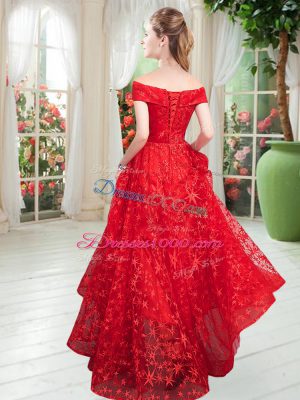 Off The Shoulder Sleeveless Lace Up Prom Gown Red Lace