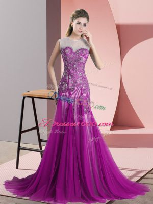 Purple Tulle Backless Scoop Sleeveless Prom Dress Sweep Train Beading and Appliques