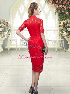 Column/Sheath Evening Dress Red High-neck Half Sleeves Tea Length Zipper