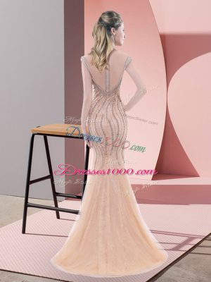 Sweep Train Mermaid Prom Dress Pink Scoop Tulle Cap Sleeves Zipper