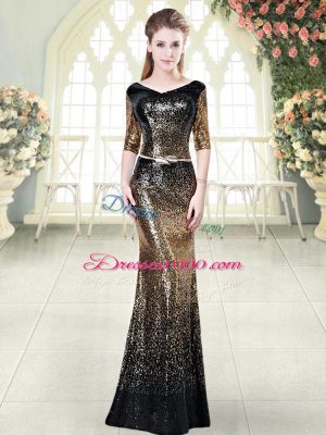 Fashionable Half Sleeves Floor Length Belt Zipper Homecoming Dress with Gold