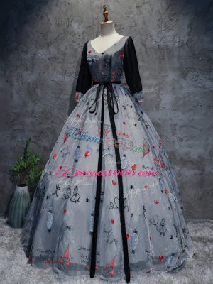 Grey 3 4 Length Sleeve Printed Lace Up Quinceanera Gown for Military Ball and Sweet 16 and Quinceanera