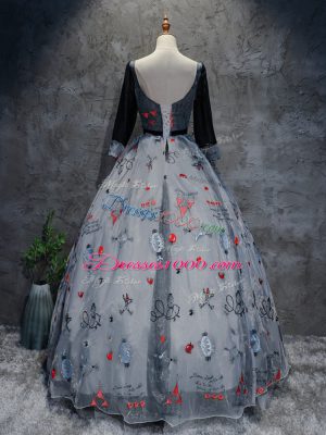 Grey 3 4 Length Sleeve Printed Lace Up Quinceanera Gown for Military Ball and Sweet 16 and Quinceanera