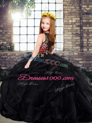 Black Scoop Neckline Embroidery and Ruffles Pageant Dress for Teens Sleeveless Zipper