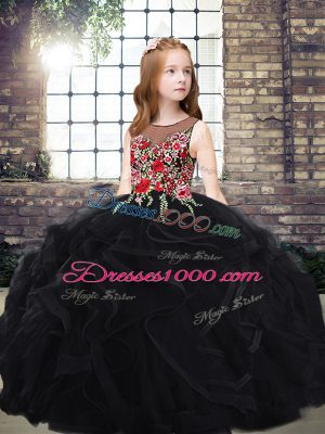 Black Scoop Neckline Embroidery and Ruffles Pageant Dress for Teens Sleeveless Zipper