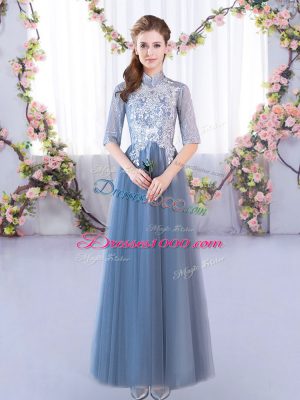 A-line Quinceanera Court of Honor Dress Blue High-neck Tulle Half Sleeves Floor Length Lace Up