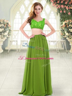 Modest Two Pieces Prom Dress Olive Green Straps Chiffon Sleeveless Floor Length Zipper