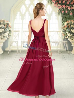 Wine Red Formal Dresses Prom and Party with Ruching V-neck Sleeveless Backless