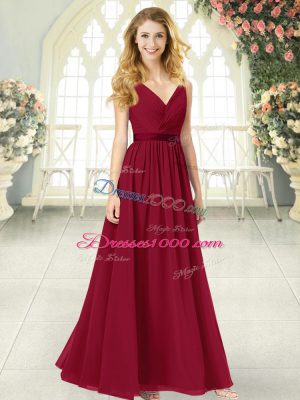 Wine Red Formal Dresses Prom and Party with Ruching V-neck Sleeveless Backless