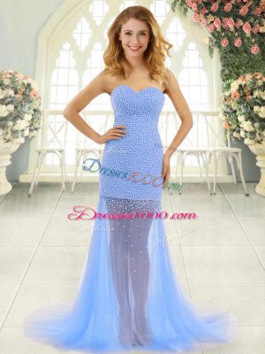 Inexpensive Sweetheart Sleeveless Prom Dresses Brush Train Beading Baby Blue Tulle