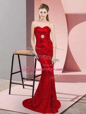 Elegant Sweetheart Sleeveless Sweep Train Belt Red Sequined