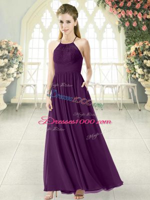 Spectacular Purple Halter Top Backless Lace Prom Gown Sleeveless