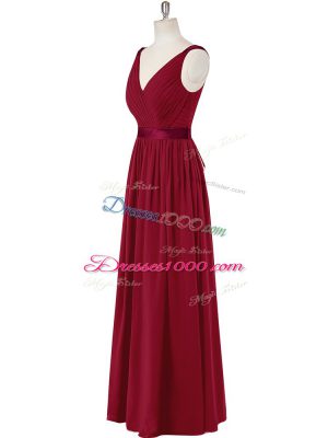 Sexy Wine Red Empire Ruching and Belt Going Out Dresses Zipper Chiffon Sleeveless Floor Length