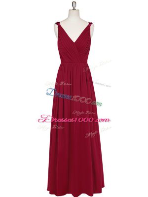 Sexy Wine Red Empire Ruching and Belt Going Out Dresses Zipper Chiffon Sleeveless Floor Length