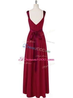 Sexy Wine Red Empire Ruching and Belt Going Out Dresses Zipper Chiffon Sleeveless Floor Length