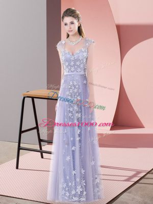 Lovely Floor Length Zipper Lavender for Prom and Party with Beading and Appliques