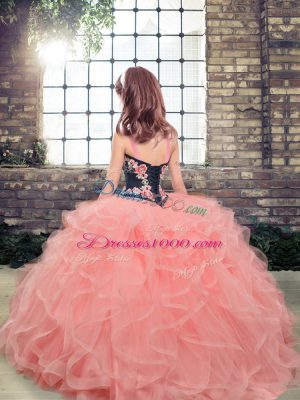 Straps Sleeveless Tulle Kids Pageant Dress Embroidery and Ruffles Lace Up